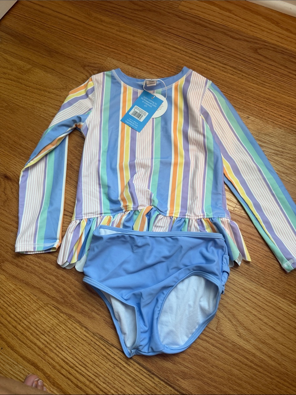 Ruffle Butts Striped Long-Sleeve Kids Rash Guard Set in Light Blue